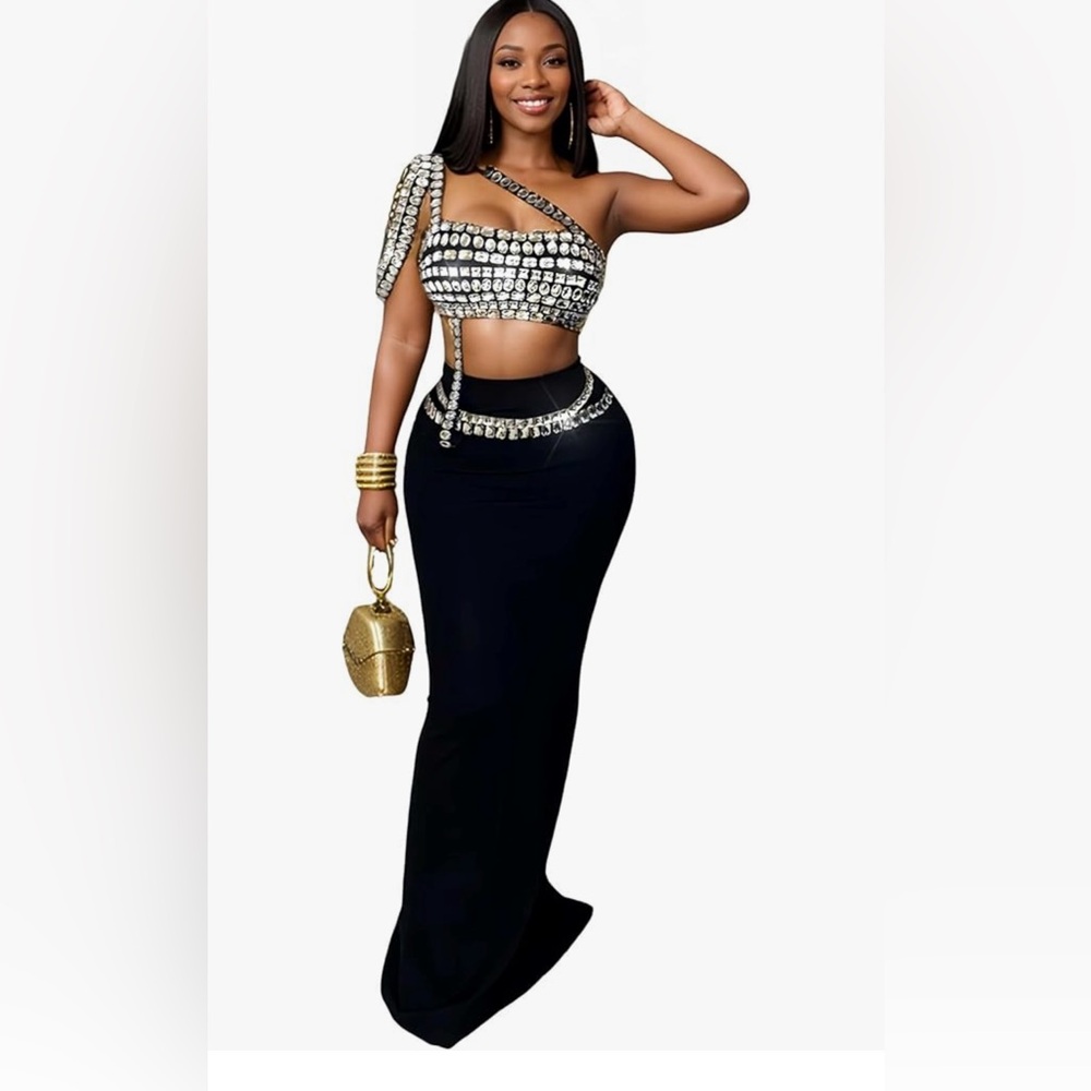 NWOT Black Rhinestone Two-Piece Set by Figdaw Strapless Maxi Evening Gown